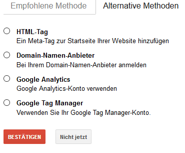 Die alternativen Methoden der Search-Console-Anbindung.