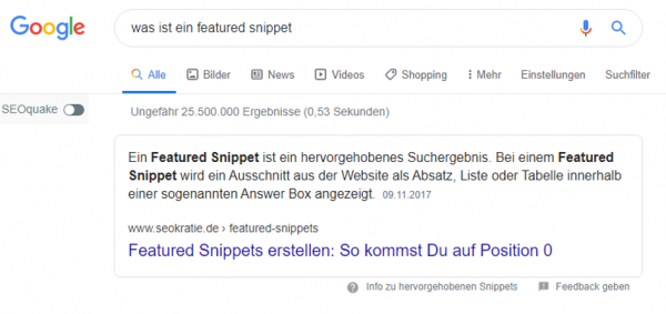 Ein Featured Snippet ist ein Informationsschnipsel im SERP.