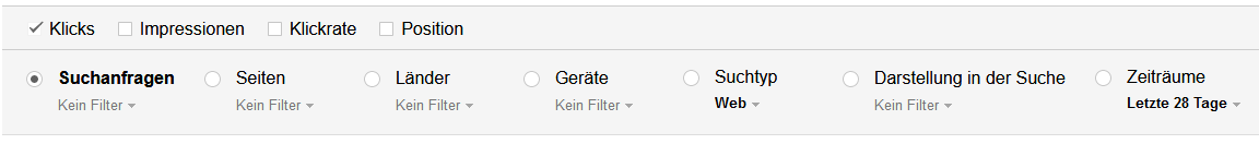 In der Search Console Suchanalyse kann man verschiedene Bereiche der Suche analysieren.