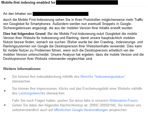 Die Mitteilung, dass man in den Mobile-First-Index aufgenommen wurde. Für SEO ist das eine wichtige Info!