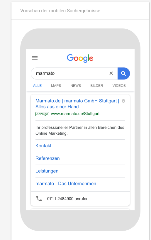 So kann ein mobiles Suchergebnis aussehen.