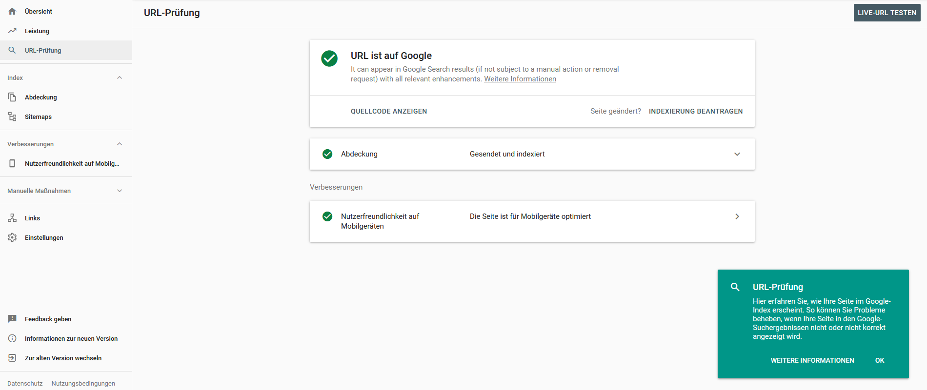Die neue Search Console macht eine genaue URL-Prüfung möglich.