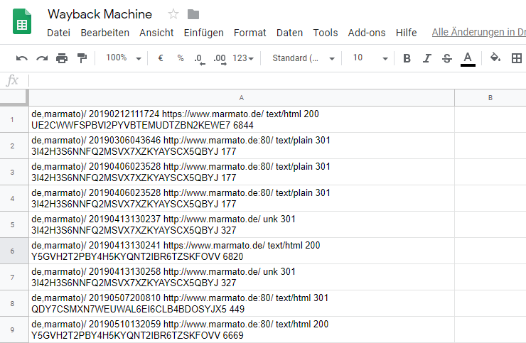 Mit einem Google-Sheet kann man die URLs der Wayback Machine gut gliedern.